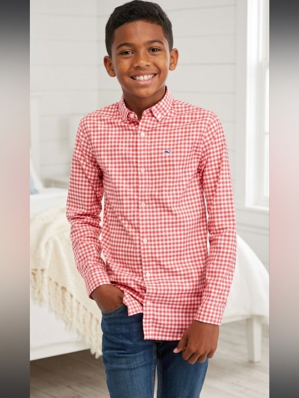 Vineyard Vines Shirt Boys M 12/14 Red Gingham Check Whale Button Up Cotton